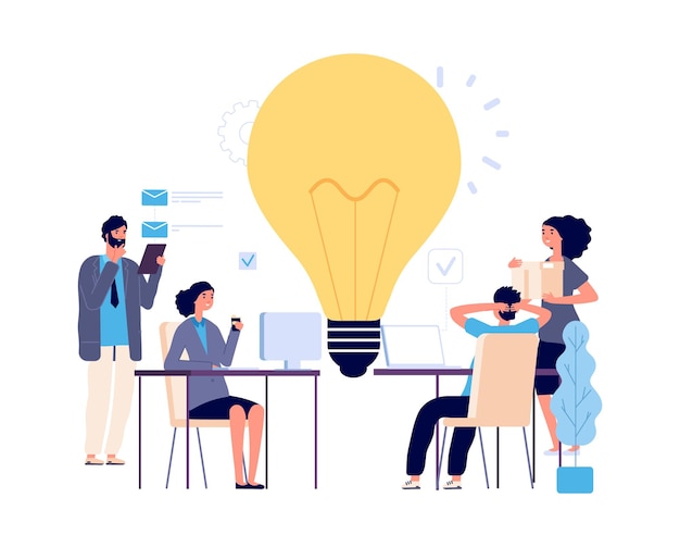 Teamwerk concept. Creatief idee, werkproces vectorillustratie. Platte zakelijke karakters, brainstorm, implementatie van nieuw idee. Mannen vrouwen werken. Brainstormen teamwerk, idee illustratie