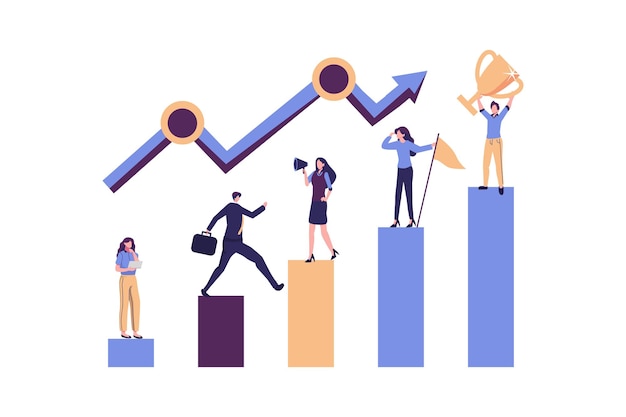 Teamwerk helpt bij het vergroten van de omzetgroei en prestaties teamstrategie voor zakelijk succes concept zakenmensen team dat werkt aan het verbeteren van de staafgrafiek