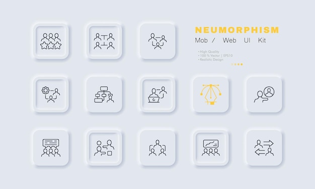 Teamwerk ingesteld pictogram medewerkers sterren feedback werkstroom afgevaardigde verdelen taken werk hiërarchie ondergeschikten tekstballon briefing beheer bedrijfsconcept neomorfisme vector lijn pictogram