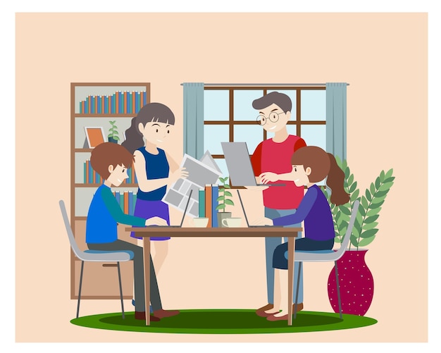 Teamwerk met behulp van laptop platte ontwerp vector illustratie