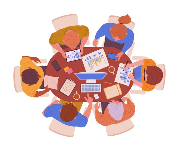 Teamwerk of brainstorming bovenkant Mensen die aan tafel werken man en vrouw zitten rond een houten bureau zicht van boven vlakke vectorillustratie personages werkproces scène