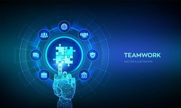 Teamwerk puzzel team elementen pictogram business partnership technologie concept op virtueel scherm wereldwijd samenwerking communicatienetwerk robotic hand aanraken van digitale interface vector illustratie