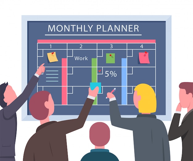 Teamwerk van zakenlieden bij het planbord. vector vlakke illustratie van bureaumensen die aan een project werken.