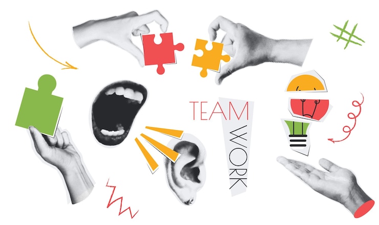 Teamwerk vintage collage concept ingesteld in retro halftone design Collectie met handen die puzzelstukken vasthouden het genereren van gloeilamp idee open mond schreeuwen naar collega oor Vector illustratie