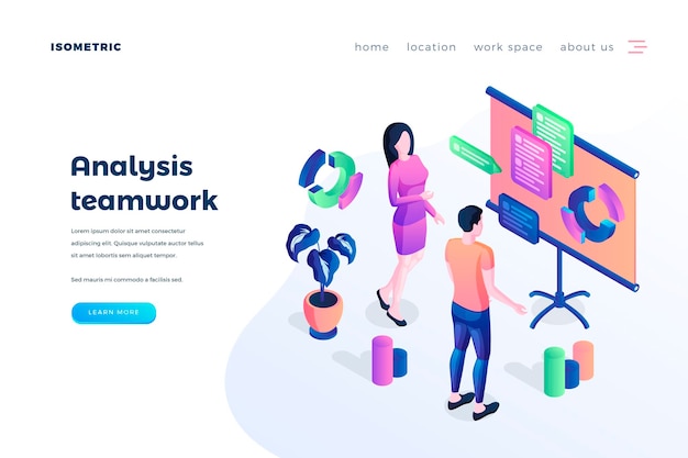 Vector teamwork analysis landing page vector template business workflow management website homepage ui idea with isometric illustration coworking efficiency increase web banner 3d cartoon concept
