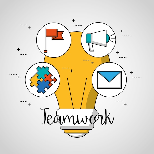 Premium Vector | Teamwork big bulb stickers puzzle megaphone flag message