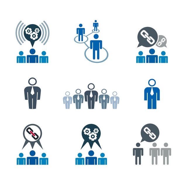 Teamwork and business cooperation theme creative vector icons set, conceptual business team symbols collection including gear system and chain link.