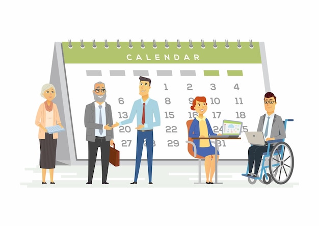 Teamwork for business metaphor - modern cartoon people characters illustration with smiling people of all age, genders and abilities with a big calendar behind. a man sitting in a wheelchair