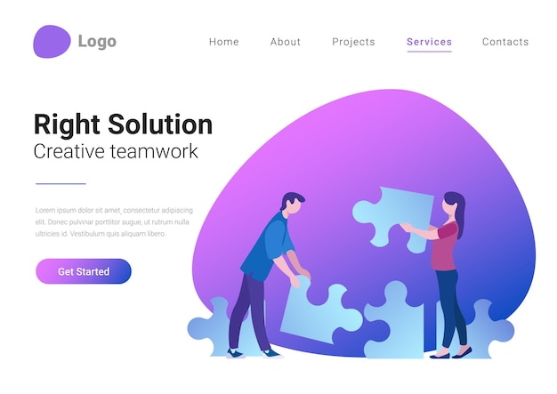 teamwork business people with puzzle parts flat style vector illustration landing page banner