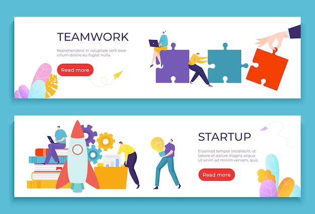 Teamwork business successful startup web banner set company puzzle biz rocket launch flat vector