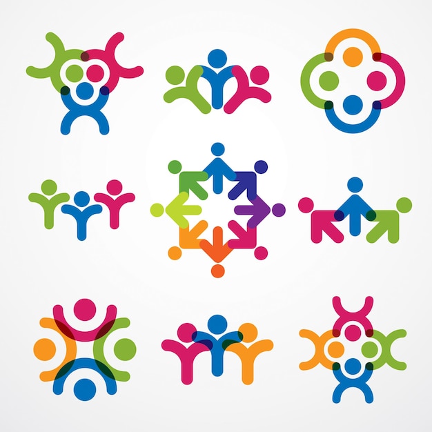 Teamwork businessman unity and cooperation concepts created with simple geometric elements as a people crews. Vector icons or logos set. Friendship dream team, united crew colorful designs.