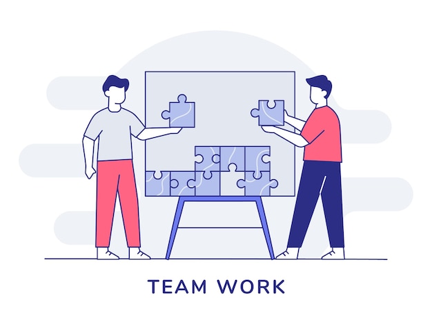 アウトラインスタイルでボード上にパズルのピースを組み立てるチームワークキャラクターの人々のコラボレーション