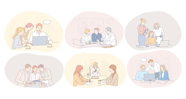 Lavoro di squadra, comunicazione, incontro, discussione, concetto di collaborazione. partner di persone d'affari