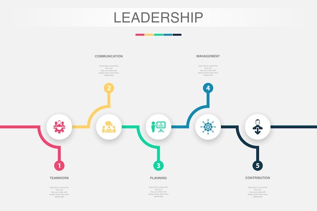 Icone del contributo alla gestione della pianificazione della comunicazione del lavoro di squadra modello di progettazione infografica concetto creativo con 5 passaggi