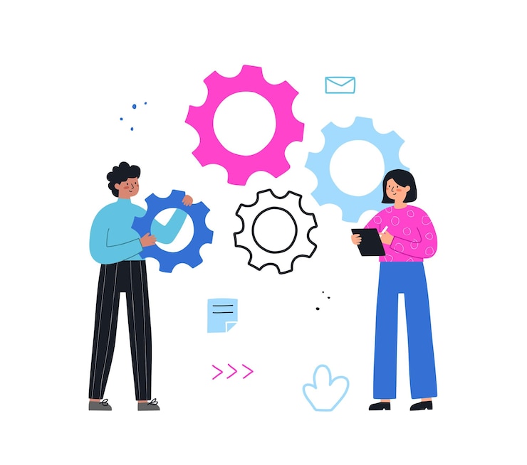 Vector teamwork concept. business people launch a mechanism, connect gears. hand drawn vector illustration flat style. symbol of cooperation, partnership.