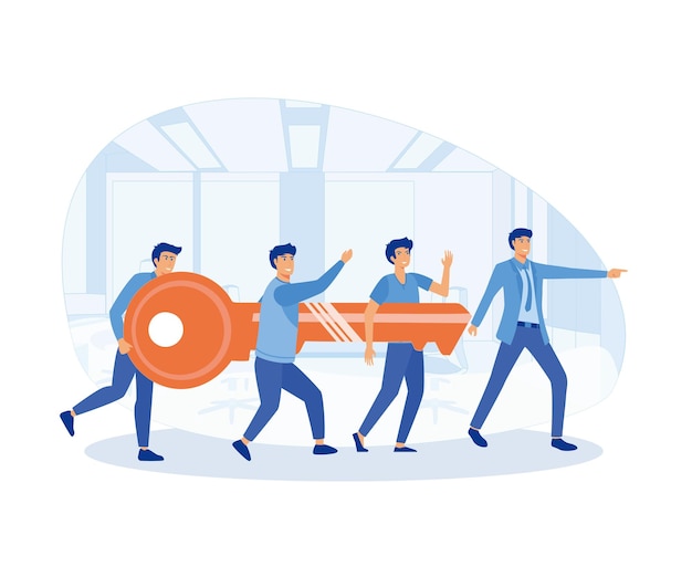 Vector teamwork concept businessman and other entrepreneurs go to the door with the key flat vector modern illustration