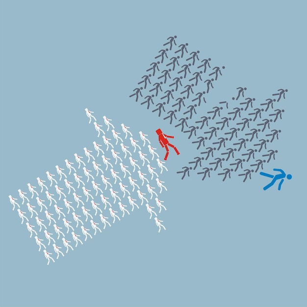 Teamwork concept The crowd of workers follows the leader of the team overcoming competitors vector illustration