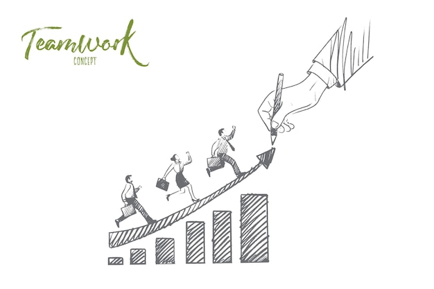 Teamwork concept. Hand drawn men and women moving up. People working together isolated illustration.