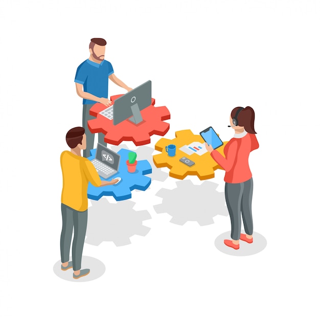 Vector teamwork concept. isometric four people teamwork with devices