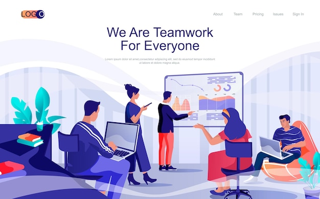 Vector teamwork concept isometric landing page people listen to report presentation discuss work tasks