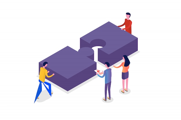 Teamwork concept isometric, people working together, business team solution.  illustration.