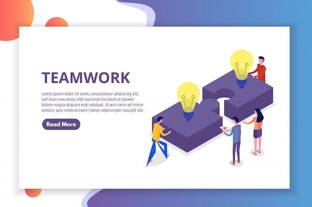 Teamwork concept isometric, people working together, business team solution.  illustration.