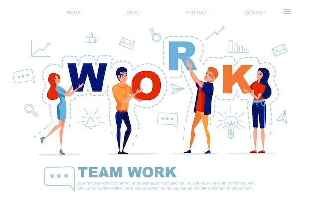 Teamwork concept met man en vrouw met letters WORK met pictogram op achtergrond vectorillustratie