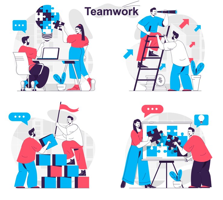 Vector teamwork concept set colleagues work brainstorming building develop together