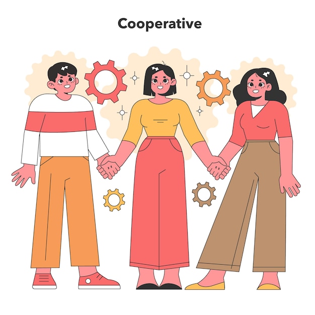 벡터 팀워크 개념: 세 사람이 손을 잡고 협력과 상호 지원을 상징합니다.