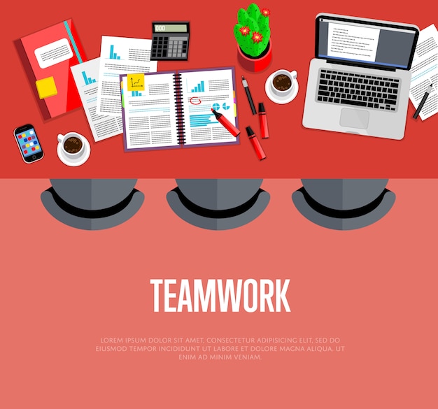 Teamwork concept. Top view workspace