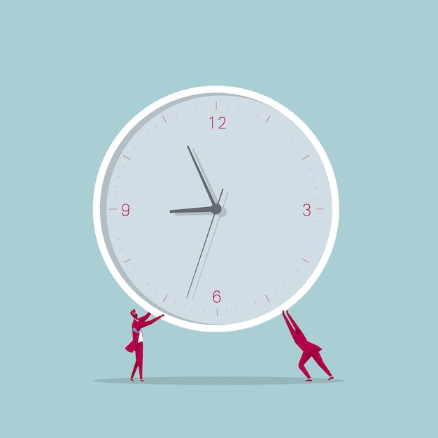 Vector teamwork concept. two businessman lifted the clock. isolated on blue background.