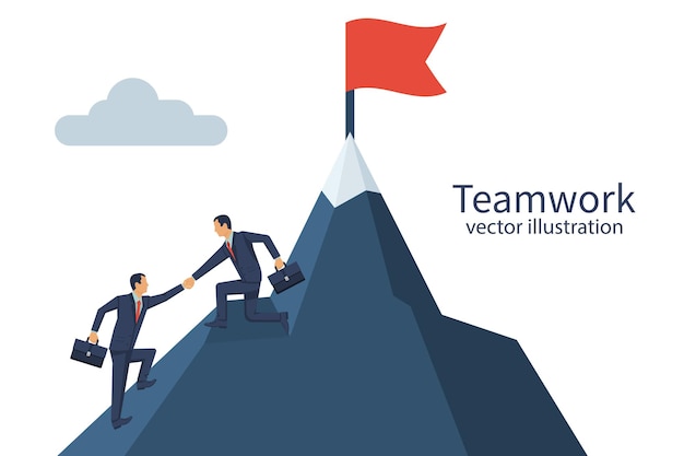 Teamwork concept two businessmen together rise on mountain with\
flag give help hand collaboration concept vector flat design\
isolated on background business people work together to achieve\
goal