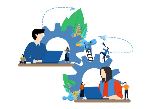 Вектор Векторная иллюстрация концепции командной работы с людьми с шестернями и маленькими людьми, вовлеченными в бизнес