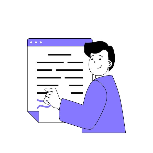 Web 用のフラットなデザインの漫画の人々 とチームワークのコンセプト会社の事務処理をし、専門的なビジネス文書を作成する男性ソーシャル メディア バナー マーケティング素材のベクトル図