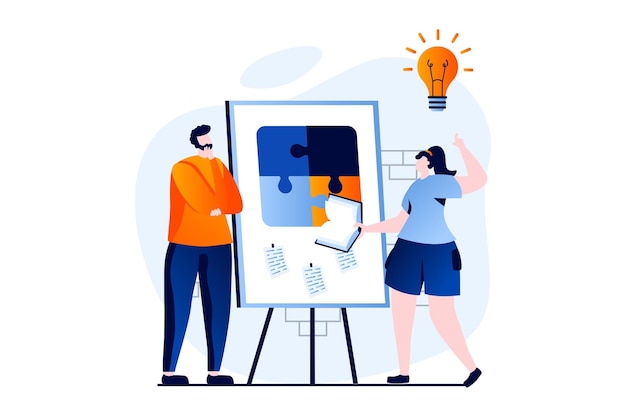 Vector teamwork concept with people scene in flat cartoon design man and woman creating new ideas for business planning and develop strategy working together vector illustration visual story for web