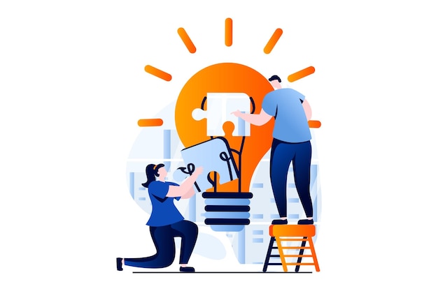 Teamwork concept with people scene in flat cartoon design Man and woman creating new solving and ideas for business optimize processes working together Vector illustration visual story for web