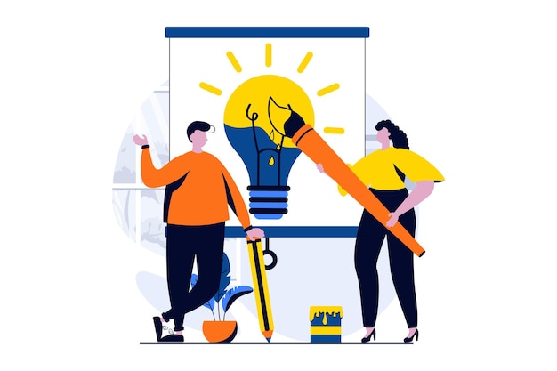 Teamwork concept with people scene in flat cartoon design man and woman working as artist together generating creative ideas drawing and discussing tasks vector illustration visual story for web