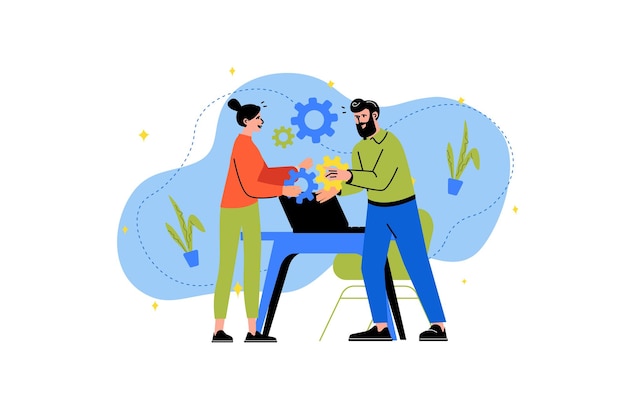 Teamwork concept with people scene in the flat cartoon design Two people work together on computer settings Vector illustration