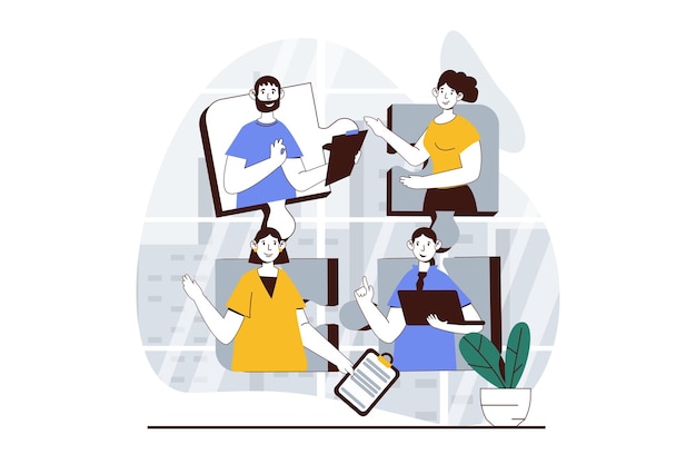 Vector teamwork concept with people scene in flat design for web man and woman working in team discussing project parts and making tasks vector illustration for social media banner marketing material