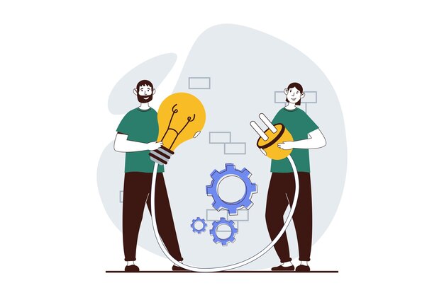 teamwork concept with people scene in flat design for web woman with plug and man with light bulb collaborating and cooperating vector illustration for social media banner marketing material