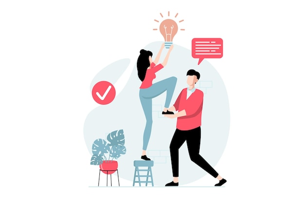Teamwork concept with people scene in flat design Woman innovate new solutions and man supports her colleagues collaborate and complete tasks Vector illustration with character situation for web