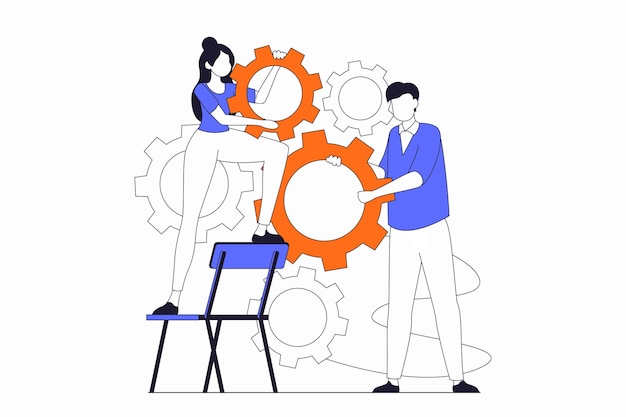 Teamwork concept with people scene in flat outline design