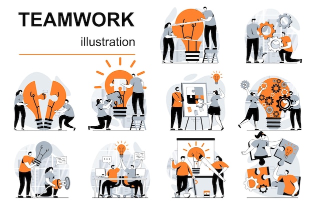 Vector teamwork concept with people scenes set in flat design vector illustration visual stories