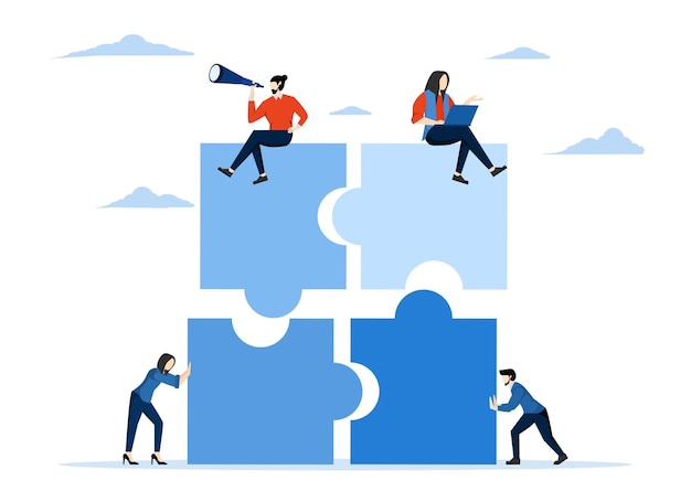 teamwork concept zakenlieden collega's werken samen aan een puzzel