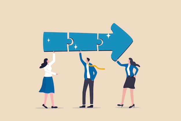 Teamwork connecting jigsaw puzzle metaphor of solving problem together business direction or collaborate for winning and achieve success concept business people coworkers connecting arrow jigsaw