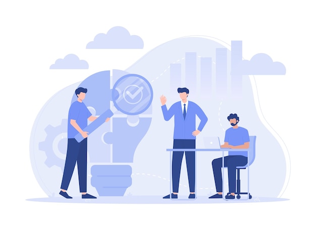 Teamwork connecting light bulb puzzle finding ideas solving business problems flat illustration
