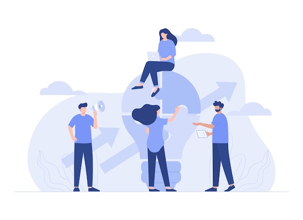 Teamwork connecting light bulb puzzle finding ideas solving problems Modern flat illustration