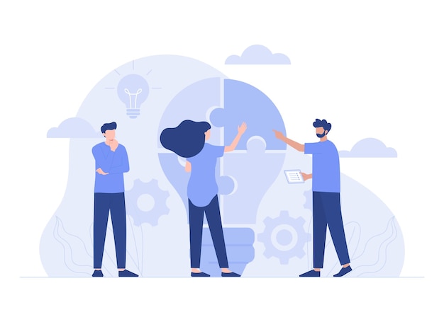 Teamwork connecting light bulb puzzle finding ideas solving problems Modern flat illustration