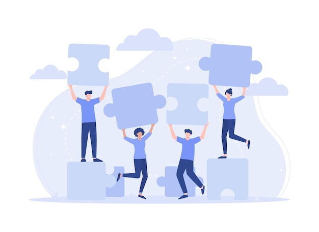 Teamwork connecting puzzle elements cooperation partnership Modern vector flat illustration