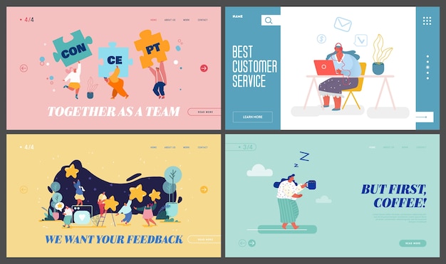 Teamwork Cooperation, Customer Support Service, Feedback, Coffee Time Website Landing Page Set.